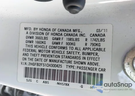 2012 Honda Civic Lx из США, поврежденный, VIN 2HGFB2F51CH300425